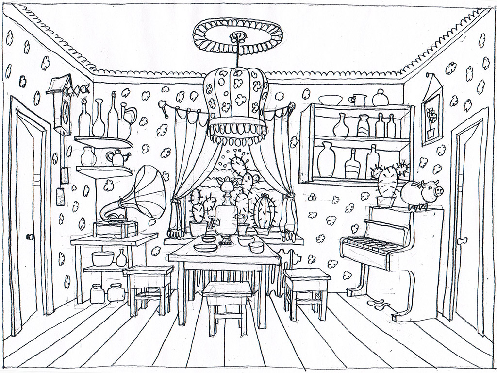 The living room. The Ovcharenko's sketch for ZuZuZu mobile game.