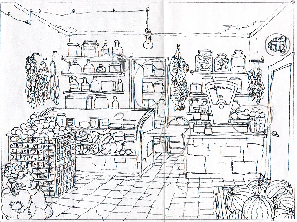 The Givi's food store. The Ovcharenko's sketch for ZuZuZu mobile game.